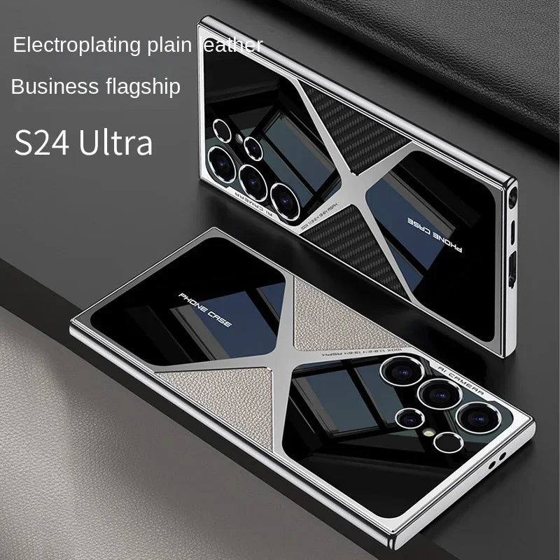 S24 Ultra Electroplated Plain Leather  Phone Case for Samsung Galaxy S24 S23 Ultra 5G PC+TPU Shockproof Protective Cover