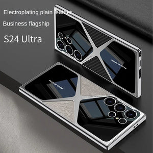 S24 Ultra Electroplated Plain Leather  Phone Case for Samsung Galaxy S24 S23 Ultra 5G PC+TPU Shockproof Protective Cover