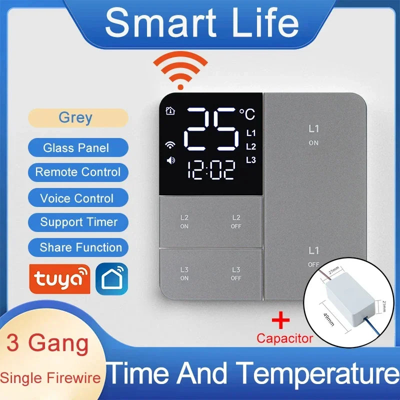 Tuya Smart Wifi Switch With temperature time display function 100-250V 1/2/3 Gang Wall Light Button Switch Timing remote control
