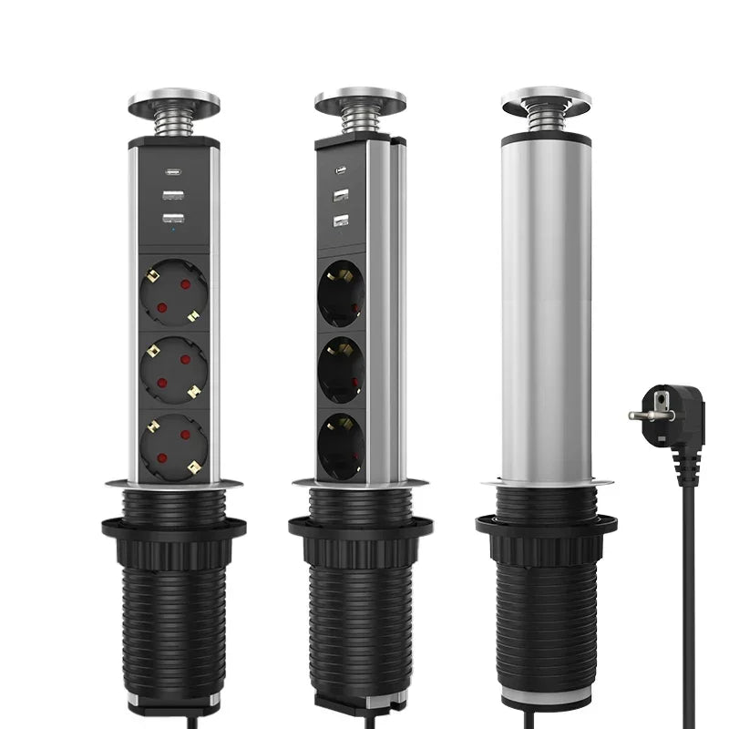 Melery Type-C Pop Up Sockets Germany Power Strip Desktop Hidden EU Plug 3 Outlets Switch Phones Kitchen Office Extension Cord