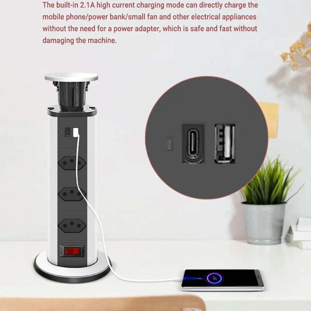 Melery Brazil Power Strip USB Type-c Pop Up Plug Desktop Hidden Socket Electrical Home Office Charge Extension Cord Outlets
