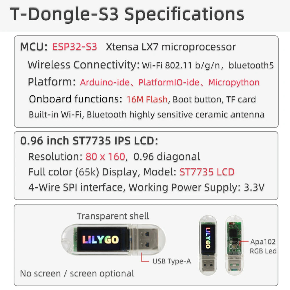 LILYGO® T-Dongle-S3 ESP32-S3 Dongle With 0.96 inch ST7735 LCD Display Screen Support WiFi BLE Hidden TF Card Development Board