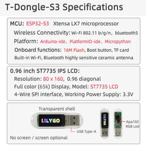 LILYGO® T-Dongle-S3 ESP32-S3 Dongle With 0.96 inch ST7735 LCD Display Screen Support WiFi BLE Hidden TF Card Development Board