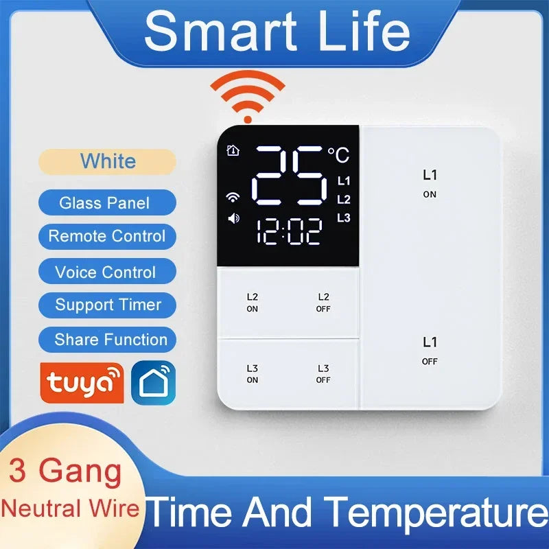 Tuya Smart Wifi Switch With temperature time display function 100-250V 1/2/3 Gang Wall Light Button Switch Timing remote control