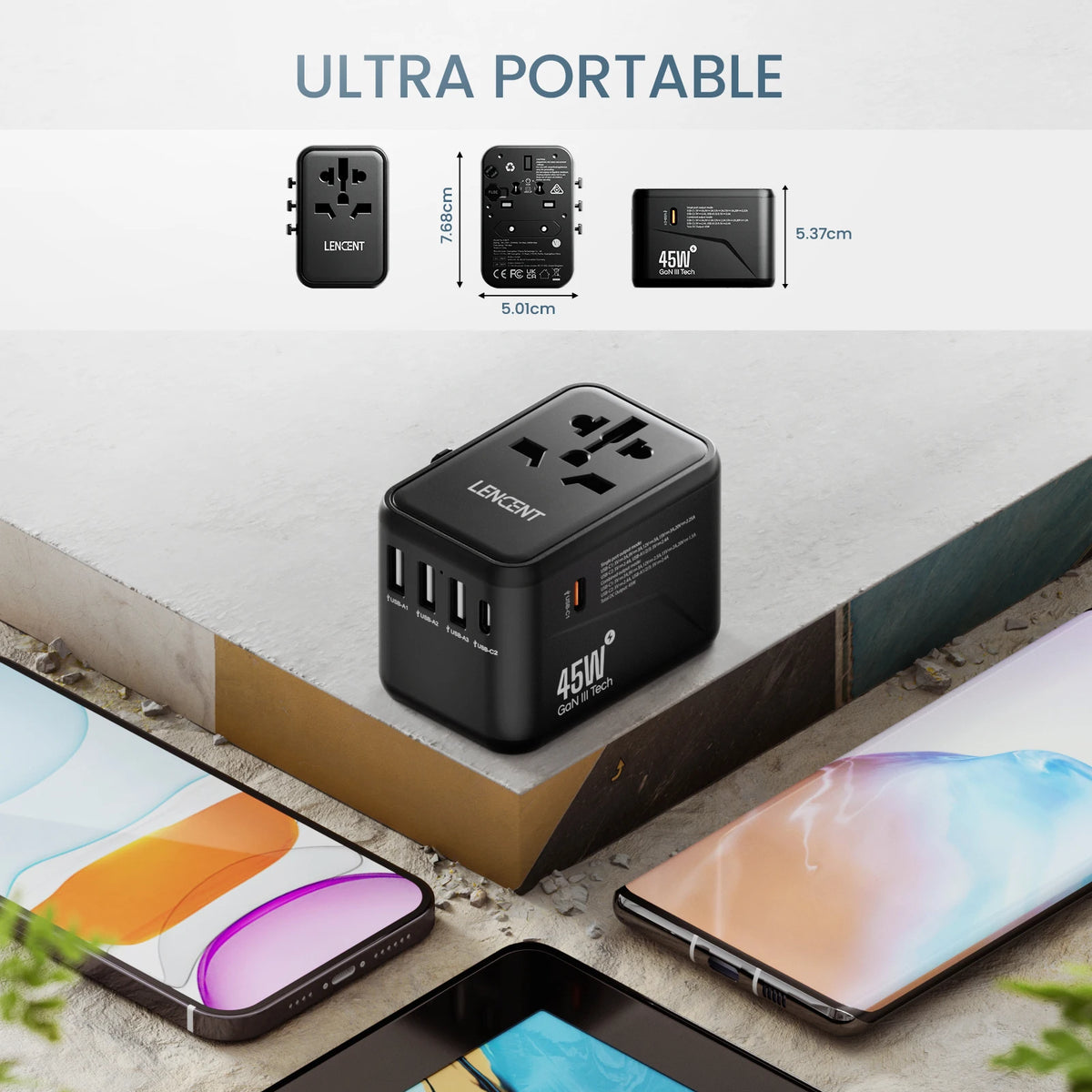LENCENT 45W GaN Universal Travel Adapter with 3 USB Ports 2 Type C Fast Charging Power Adapter EU/UK/USA/AUS plug for Travel