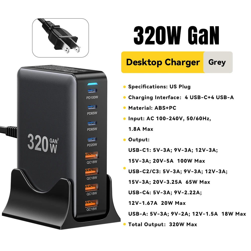 Essager 320W GaN Charger 8Port USB Type C Desktop Charging Station PD 100W Fast Charging For iPhone 16 15 14 iPad MacBook Laptop