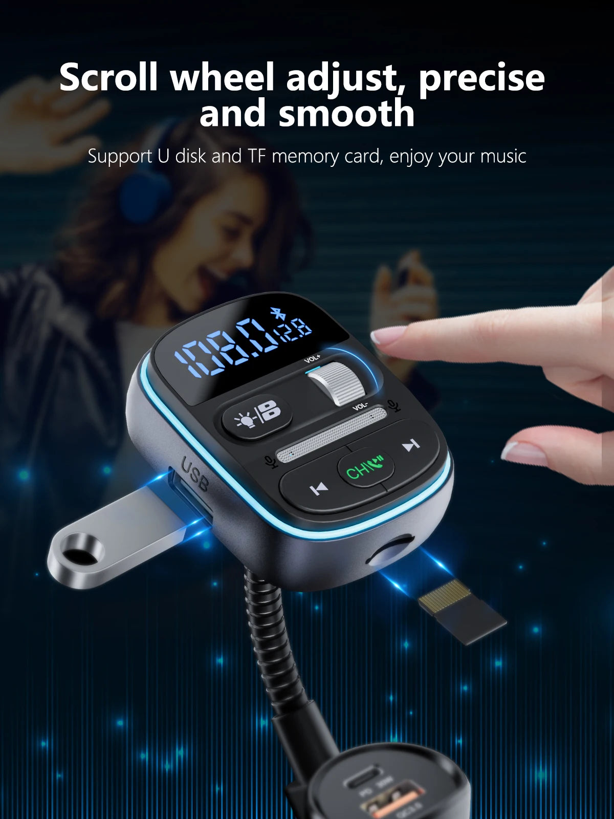 LENCENT Bluetooth 5.0 FM Transmitter Car Adapter with PD 30W &amp; QC3.0 Fast Charger Hi-Fi Music Clear Calling Adapter Car K