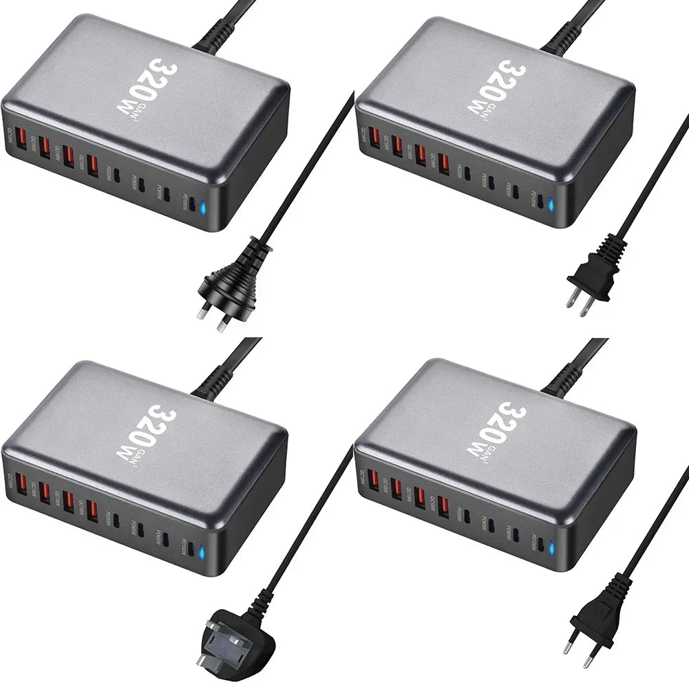 320W Multi USB Type C Fast Charger GaN 8 Ports 4C+4A Charging Station For-IPad For-iPhone 15 14 13 For Samsung S23 Tablet