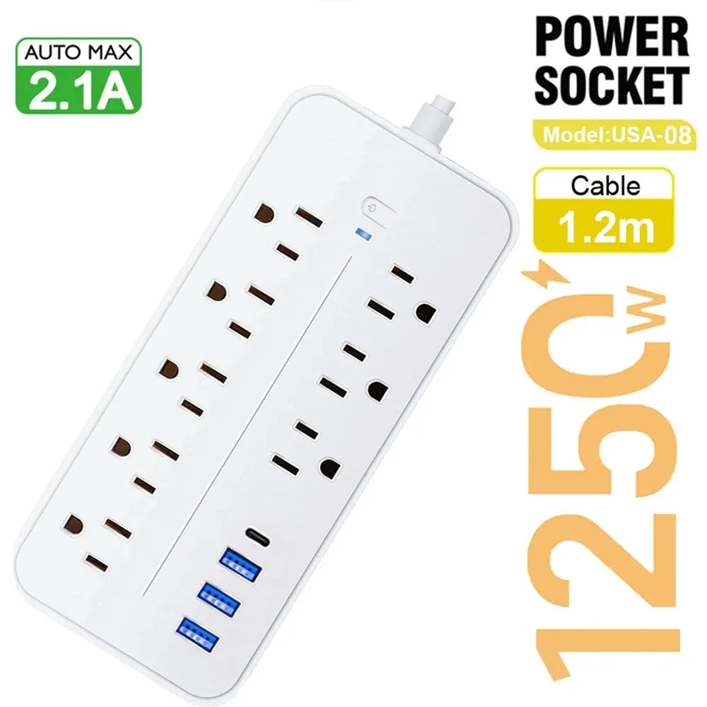 US Plug AC Outlets Power Strip Multitap Socket Extension Cord Electrical With USB Type C Fast Charging Network Filter Adapter