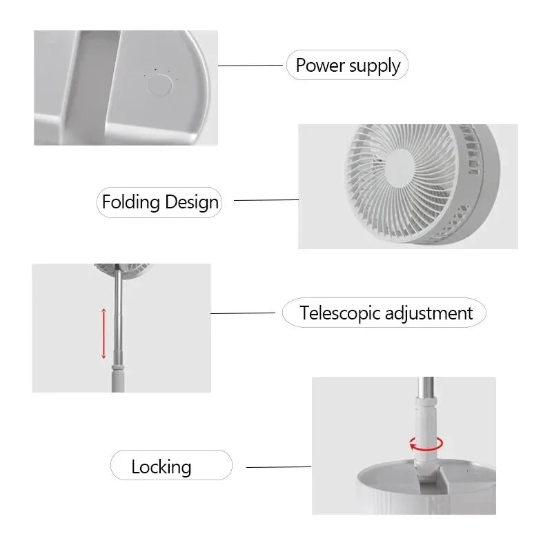 Portable Electric Fan Folding Telescopic Floor Standing USB Rechargeable Mini Brushless Fan for Home Office Air Conditioner - Stereotech