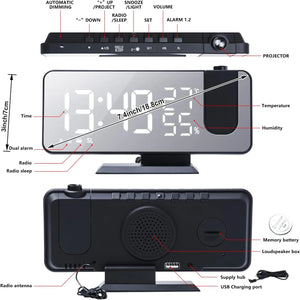 180° Arm Projection LED Digital Alarm Clock Table Watch FM Radio Electronic Bedside Desk Clock Temperature Humidity Display