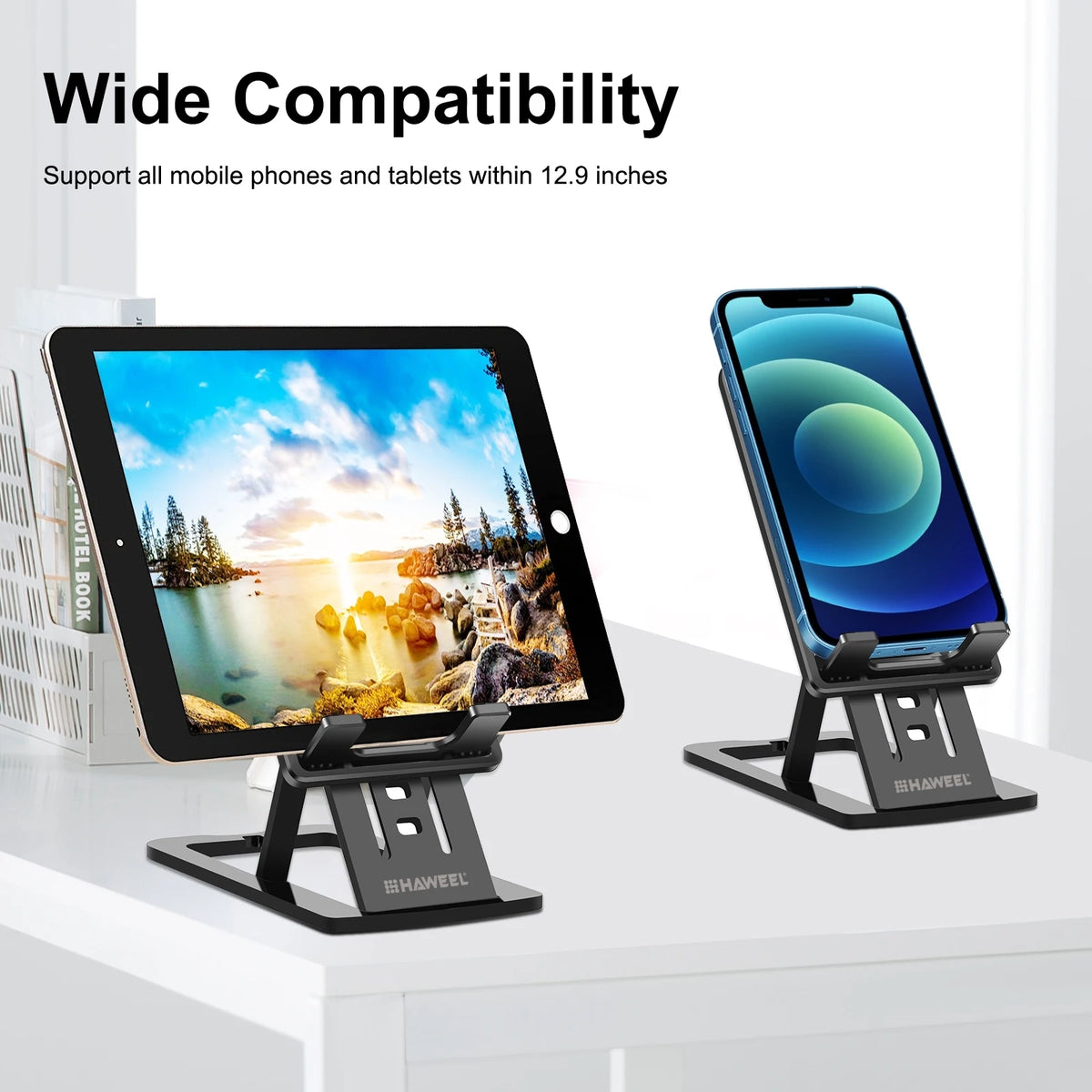 HAWEEL Adjustable Lifting Folding Portable Live Broadcast Desktop Plastic Holder Compatible with Devices Within 12 Inches - Stereotech