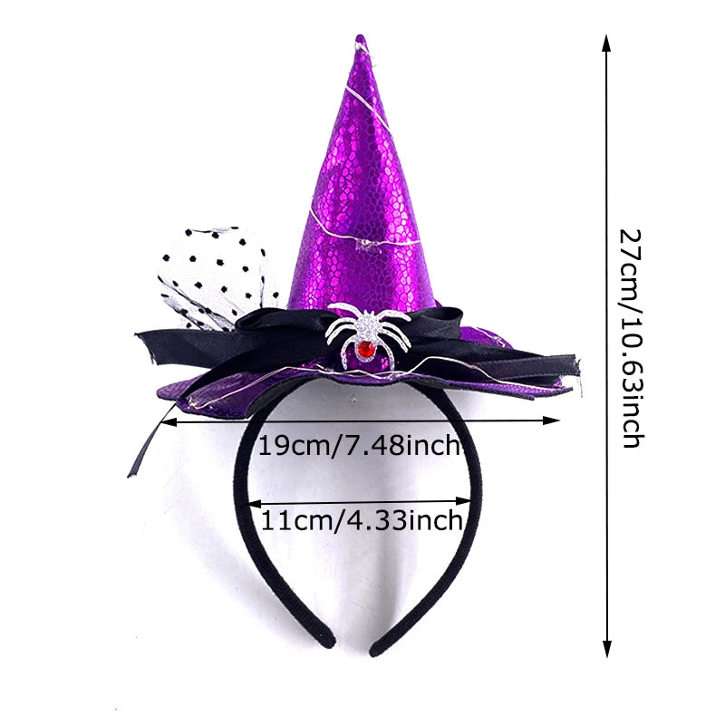Halloween Headband Lace Witch Hat Shape Hair Hoop For Girls Women LED Glowing Headwear Masquerade Party Hair Accessories
