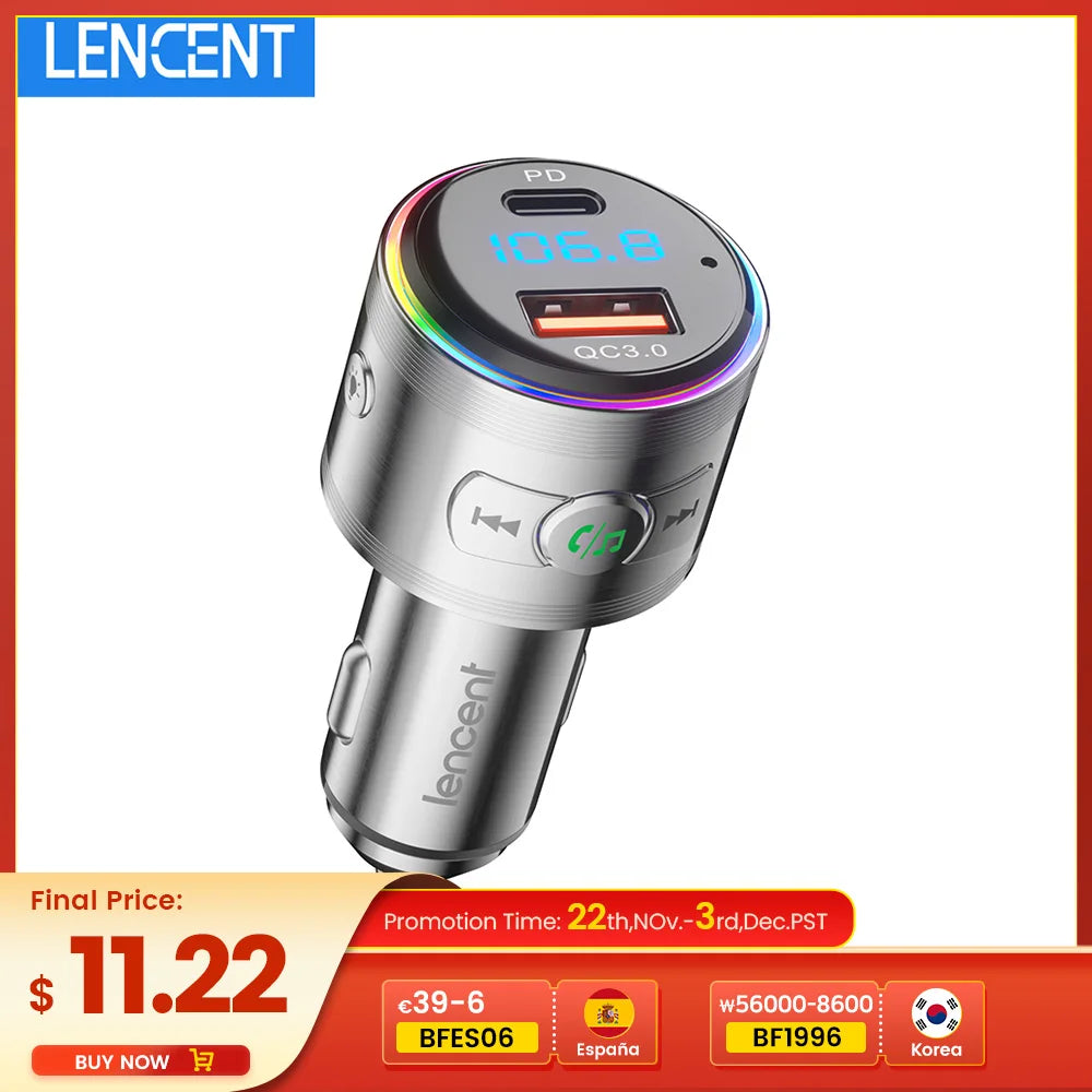LENCENT Bluetooth 5.3 FM Transmitter Full Metal Bluetooth Car Adapter with PD 20W &amp; QC3.0 Fast Charger Hi-Fi Music Adapter