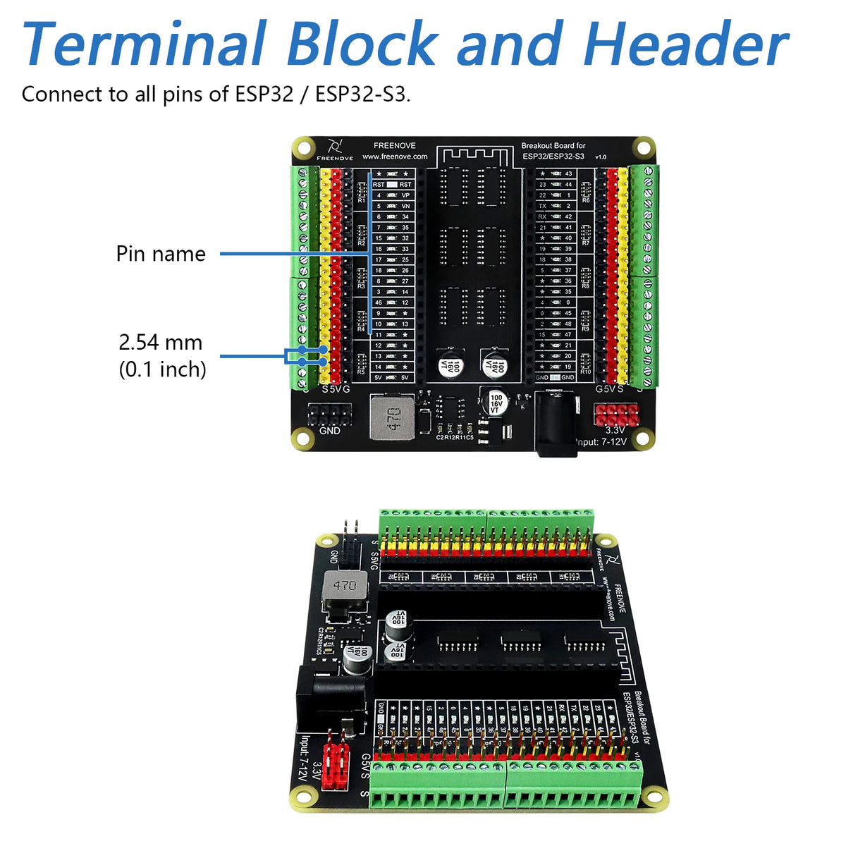 Freenove Breakout Board for ESP32 / ESP32-S3 WROVER WROOM, Terminal Block Shield HAT, 5V 3.3V Power Outputs, GPIO Status LED