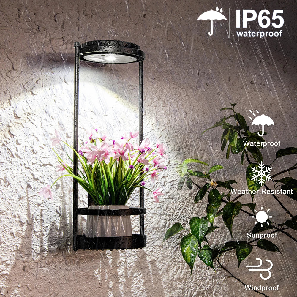 Solar Floor Lamp with Plant Stand Waterproof Outdoor Solar Wall Fence Light 3 Lighting Colors Metal Garden Decor Plant Deck Step