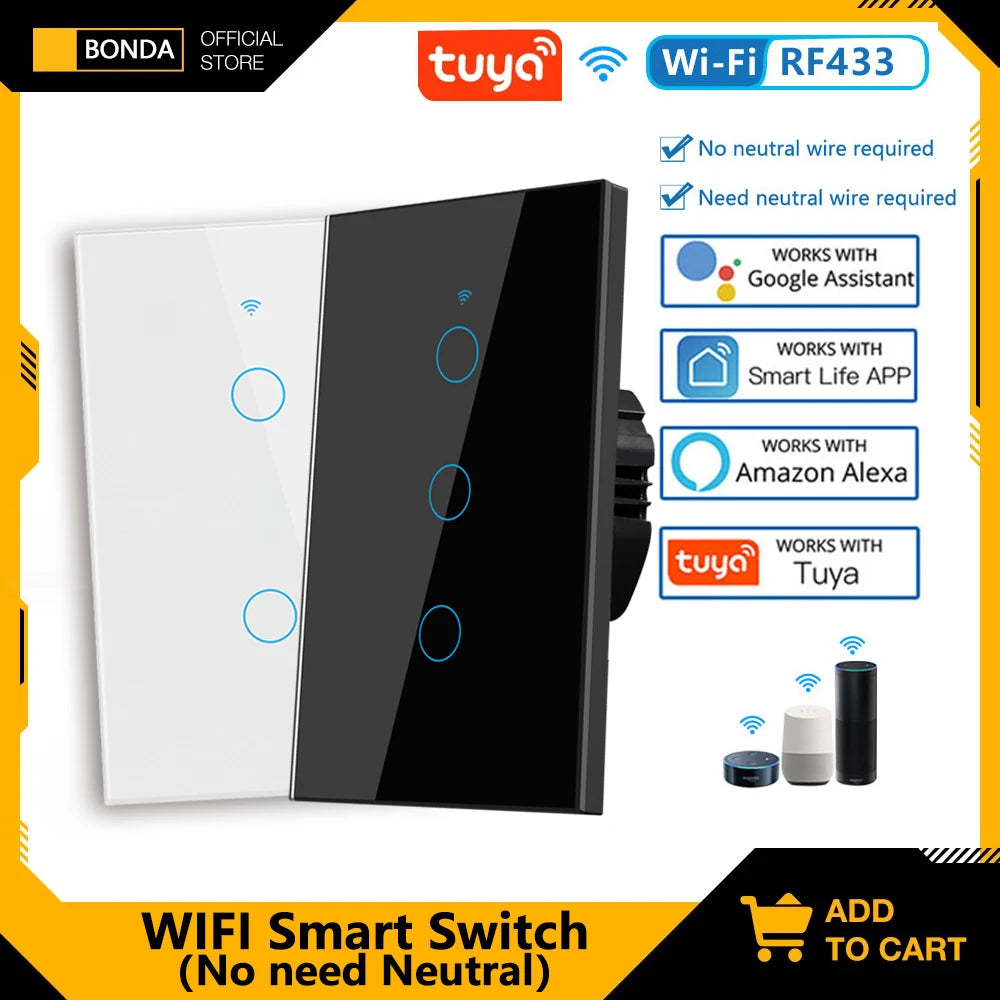 Tuya US WiFi Smart Wall Switch RF433 1/2/3 Gang No Neutral Wire Touch Sensor LED Light Switches Smart Home Alexa Google Home - Stereotech