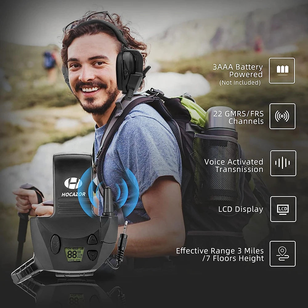 HOCAZOR Walkie Talkie Tactical Electronic Shooting Earmuff External Mic Kit 3 Miles Range 22 Channels For Outdoors Hunting