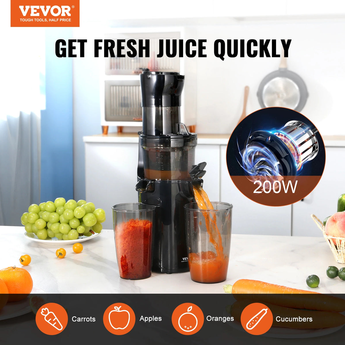 VEVOR Masticating Juicer Cold Press Juicer Machine 2.6&quot; Large Feed Chute Slow Juicer Juice Extractor Maker