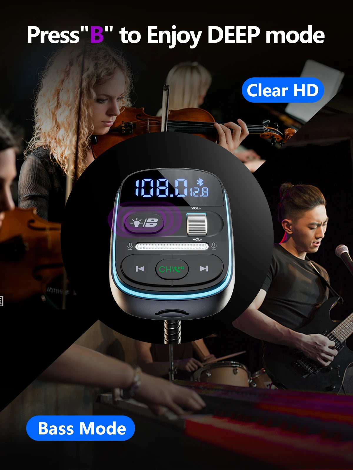 LENCENT Bluetooth 5.0 FM Transmitter Car Adapter with PD 30W &amp; QC3.0 Fast Charger Hi-Fi Music Clear Calling Adapter Car K