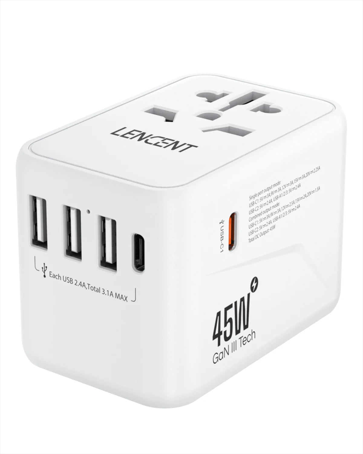 LENCENT 45W GaN Universal Travel Adapter with 3 USB Ports 2 Type C Fast Charging Power Adapter EU/UK/USA/AUS plug for Travel