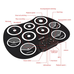 Electronic Drum Set Hand-rolled Drum 9-pad MIDI Interface Supports DTX Games Portable Drum Set Gifts with Drumsticks Pedals