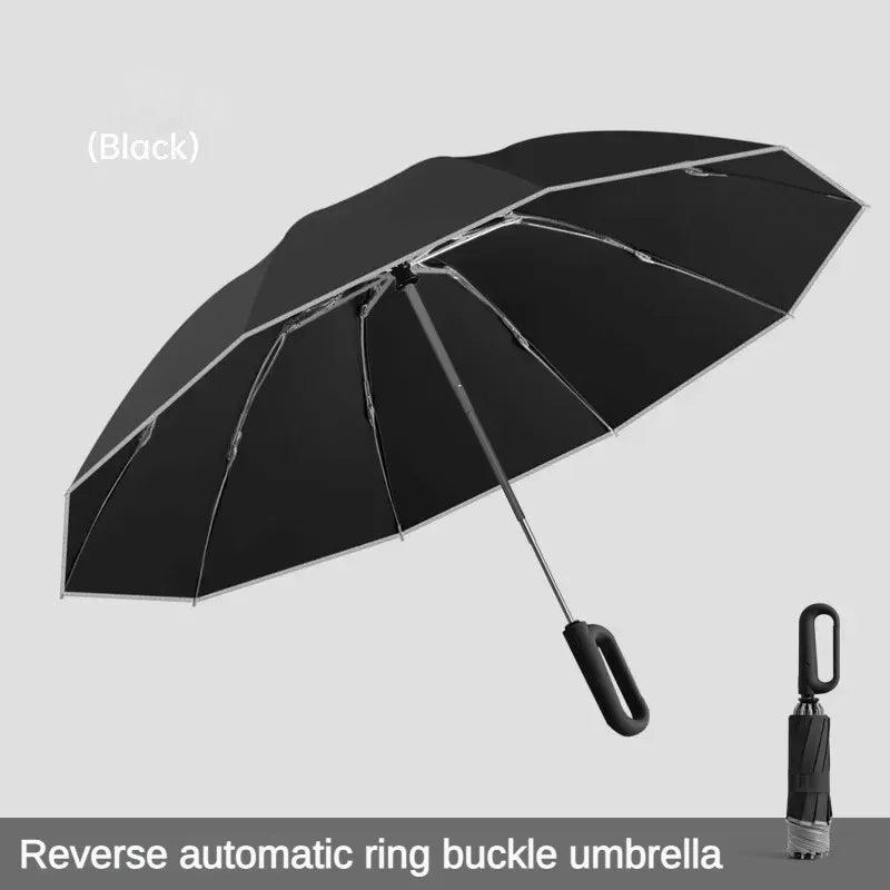 Reverse Buckle Automatic Folding Rain Umbrella for Men, Reflective Strip, Windproof, Outdoor Sports, Sun Umbrellas Women Parasol