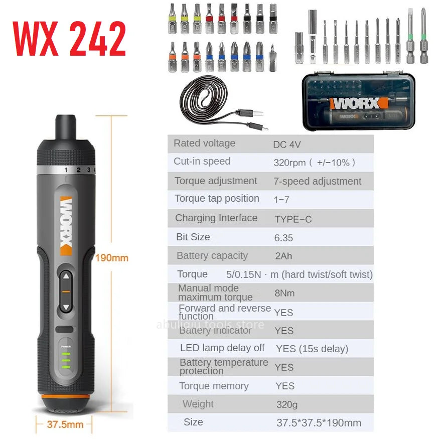 Worx 4V Mini Electrical Screwdriver Set WX242 WX240 Smart Cordless Electric Screw Driver USB Rechargeable 30 Bit Set Drill Tool