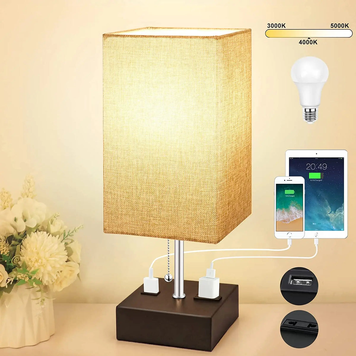 Bedside Lamp Pulling Switch Desk Nightstand Lamp with 2 USB Charge Port Rectangular Fabric Shade for Bedroom Living Room Decor