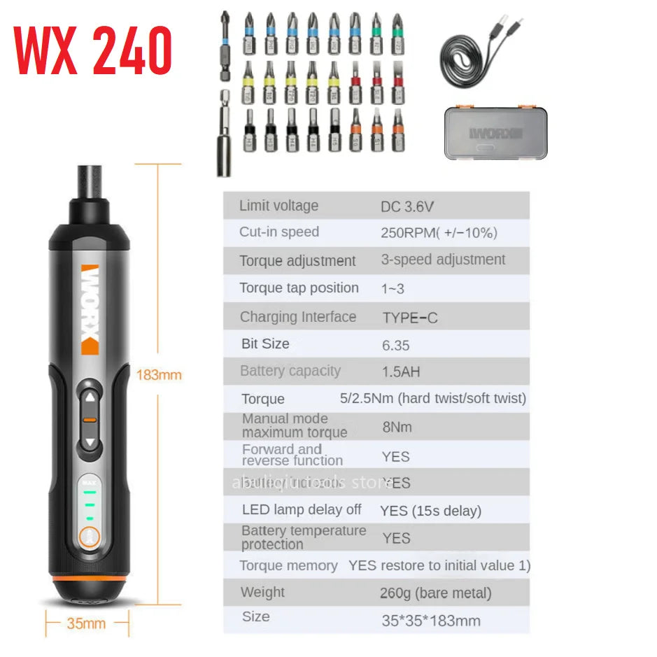 Worx 4V Mini Electrical Screwdriver Set WX242 WX240 Smart Cordless Electric Screw Driver USB Rechargeable 30 Bit Set Drill Tool