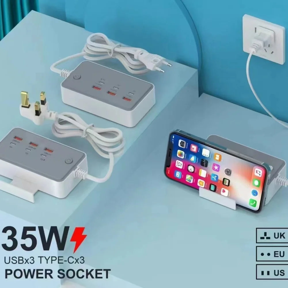 35W Multifunction USB Type C Quick Charge Power Socket with Telescopic Holder 3USB3PD Fast Charging Power Strip For Phone Tablet