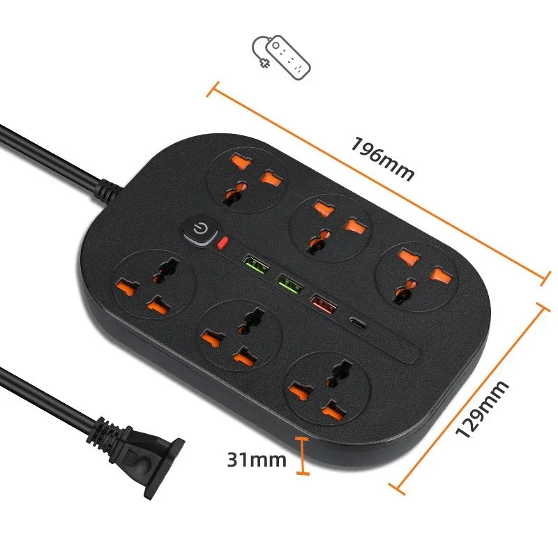 Power Strip EU UK US Plug Surge Protector Socket 2m Extension Cord with 3 USB 1 Type-C Ports 6/8 Jacks Universal Outlet for Home