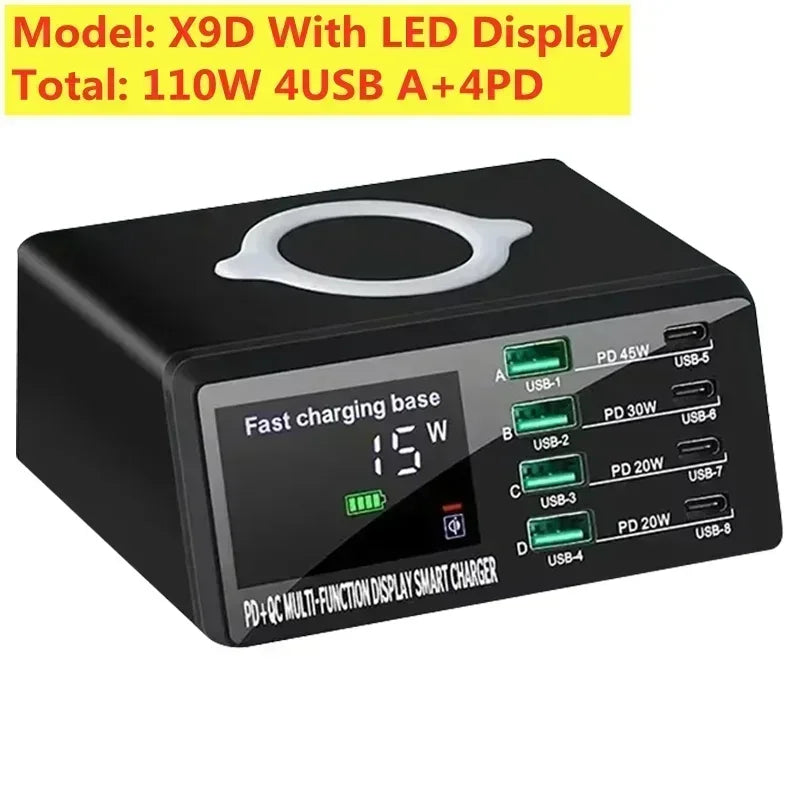 160W 5 Ports GaN USB C Charger Station 15W Wireless Charging PD 65W QC3.0 Type C Fast Charger for iPhone Macbook Samsung Laptop