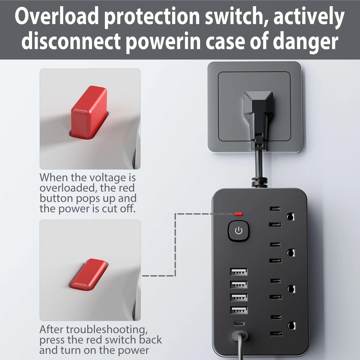 10-in-1 US Power Outlet, Power Outlet Surge Protector, 4 AC Outlets, 4 USB 2 Type-C, Desktop Charging Station with Overload Prot