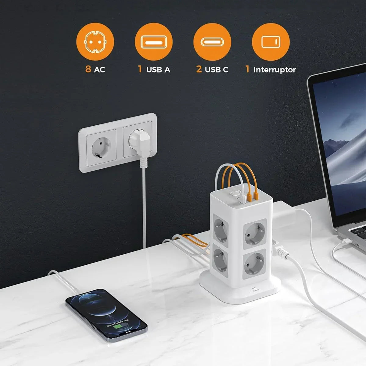 TESSAN Multiple Socket Power Strip with 8 Outlet +1 USB +2 Type C Vertical Tower Socket with 2M Extension Cord Surge Protection
