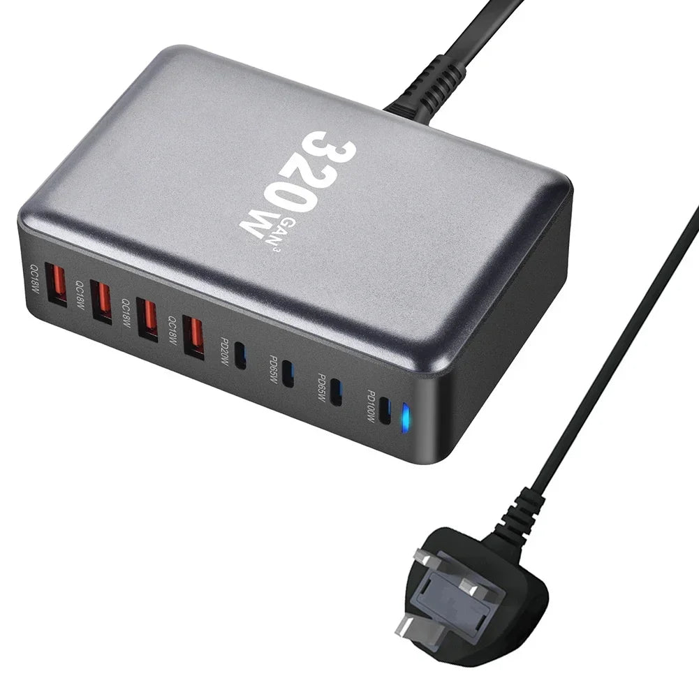 320W Multi USB Type C Fast Charger GaN 8 Ports 4C+4A Charging Station For-IPad For-iPhone 15 14 13 For Samsung S23 Tablet