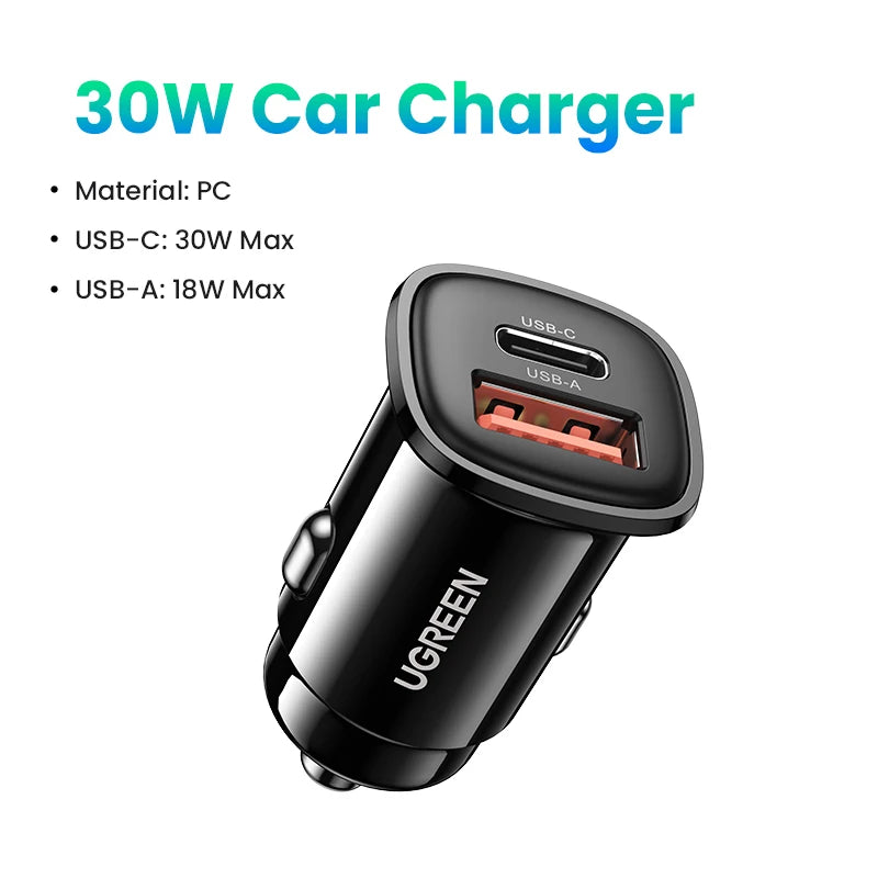 UGREEN Car Charger 30W PD Quick Charge QC4.0 3.0 SCP Type C Fast USB Car Charger For iPhone 14 13 12 Xiaomi Mobile Phone Charger