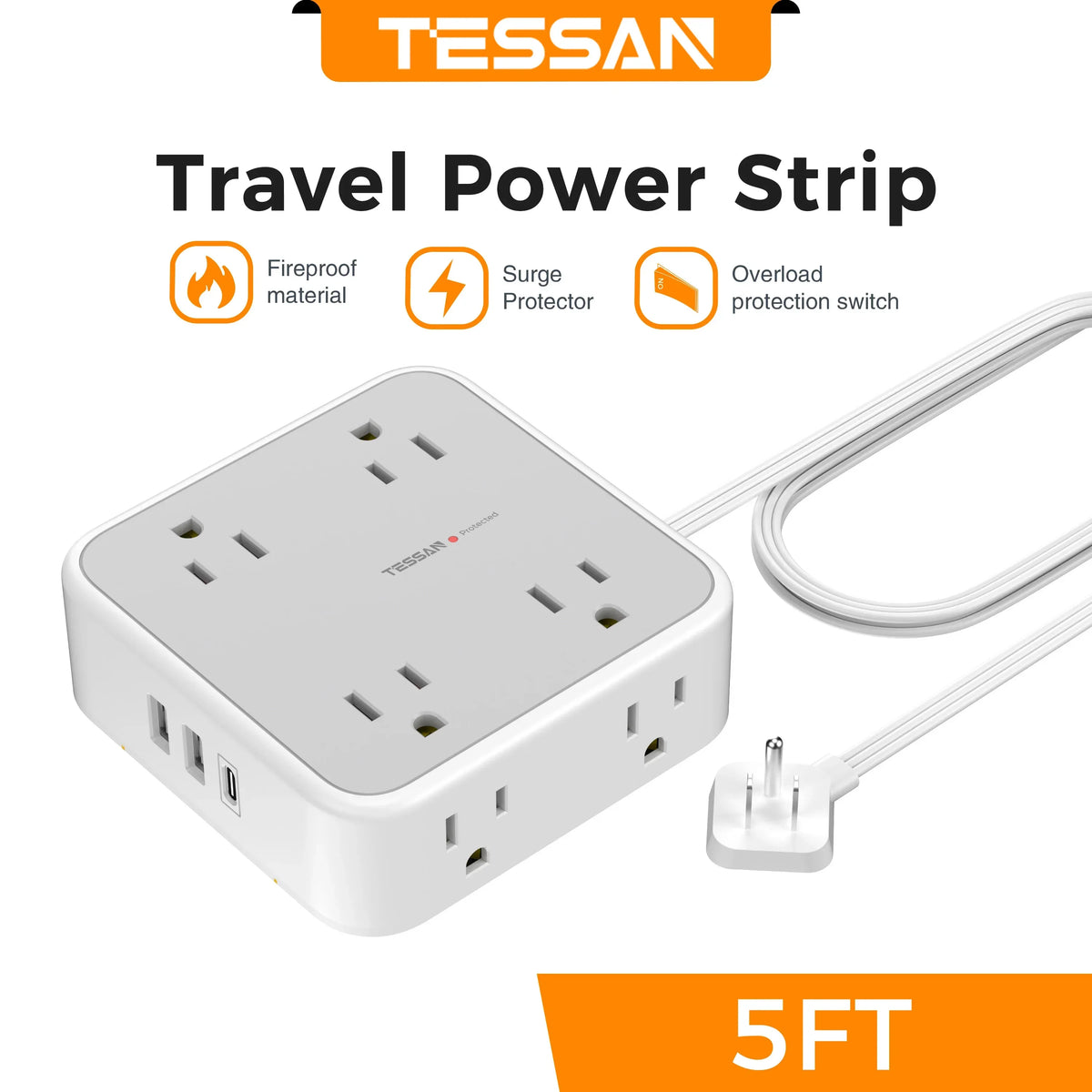 TESSAN Ultra Thin Flat Power Strip Plug with 8 Outlets 3 USB Multi Outlet Surge Protector with 5FT 10FT Extension Cable