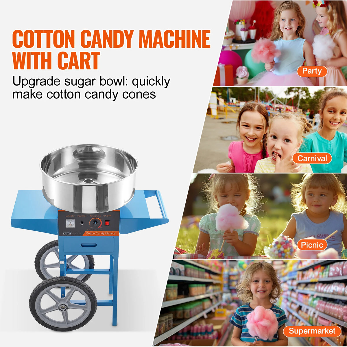 VEVOR Electric Cotton Candy Machine with Cart Commercial Candy Floss Maker with Stainless Steel Bowl Sugar Scoop and Drawer