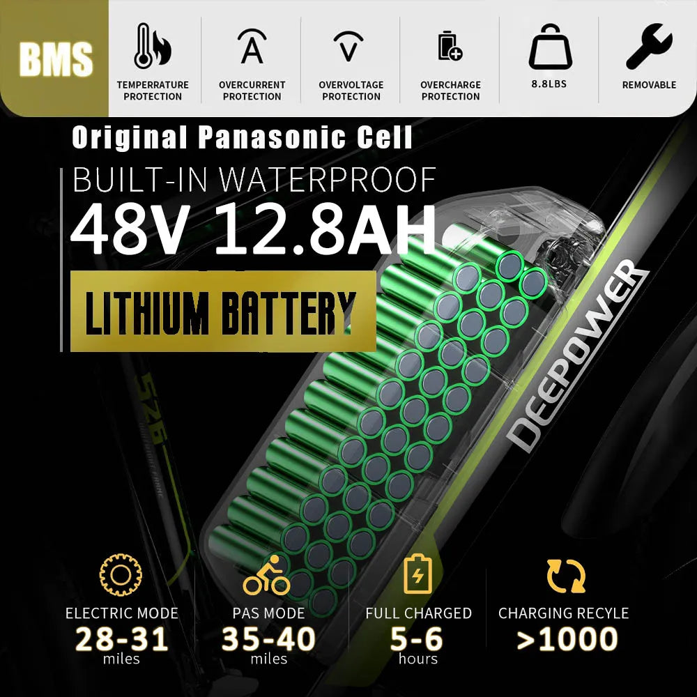 DEEPOWER   500W Adults Ebike Electric Bike  48V 12.8AH Lithium Battery 26 Inch Fat Tire Electric E Bikes Mountain Ebikes