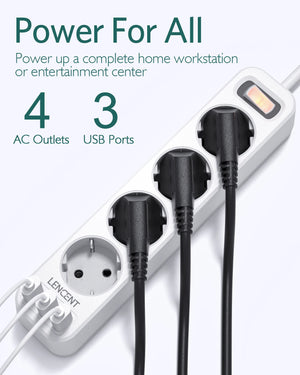 LENCENT EU Power Strip with 4 Outlets and 3 USB Ports 5V/2.4A  4000W 7 in 1 Multiple Socket with On/Off Switch 1.5M Cable Socket