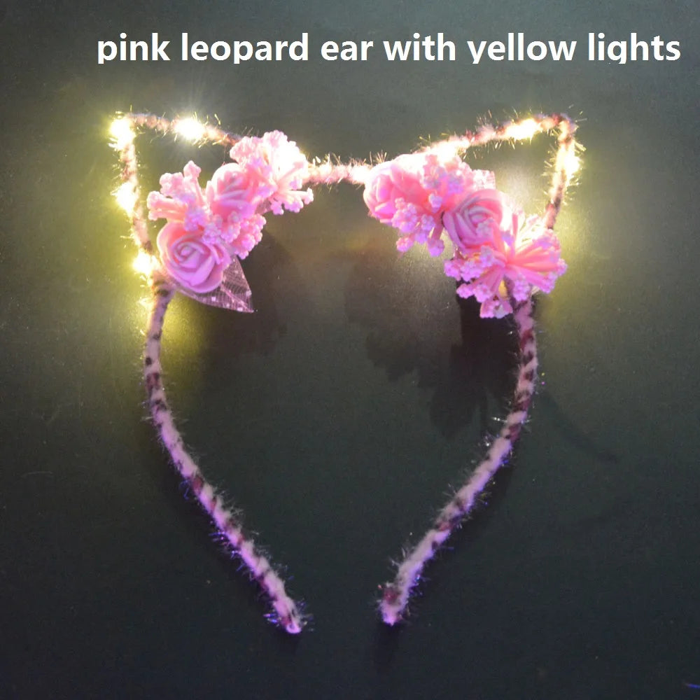 Flower LED Blinking Light Up Devil Headband Leopard Cat Ear Demon Horn Party  Birthday Costum navidad Wedding Festival