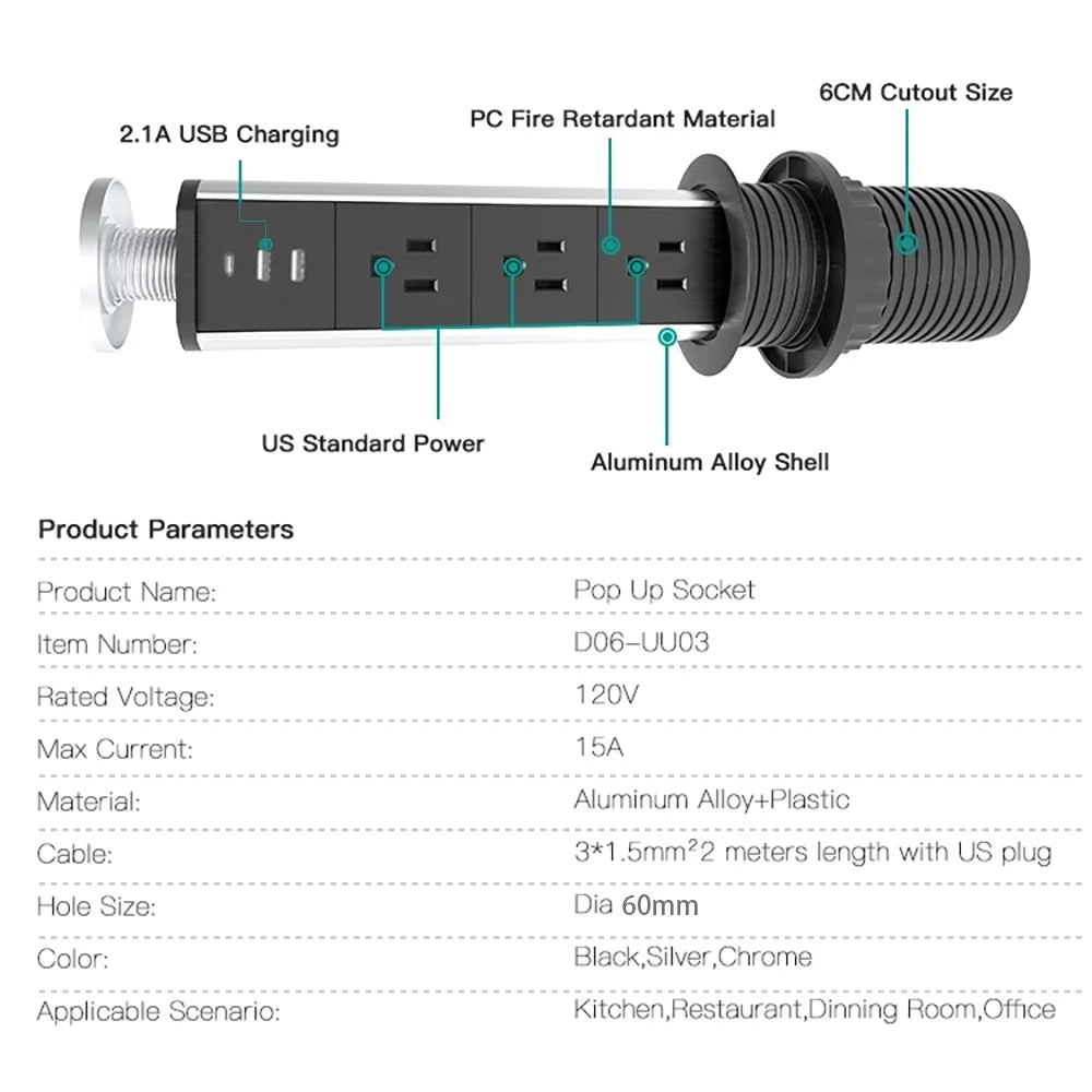 Meler Tablet Socket Power Strip US Electric Plug Pop Up Desk Switch Outlet Hidden Kitchen USB Type-C harger 1.8m Extenstion Cord