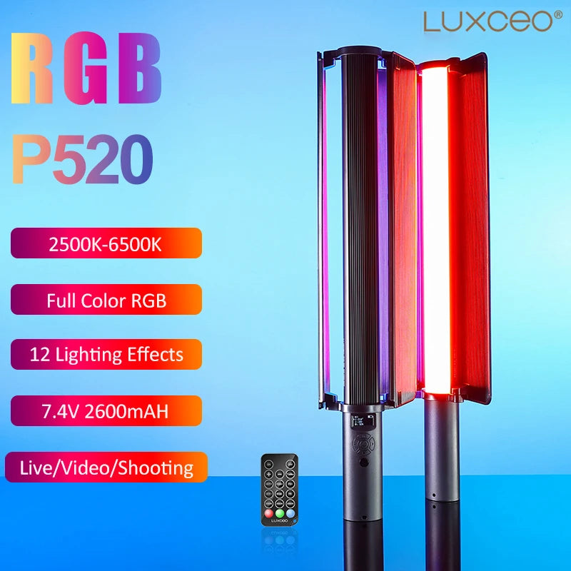 LUXCEO P520 RGB LED Stick Video Light 2500K-6500K Photography Light Handheld Studio Photo Lamp Portable Camera Light for Tiktok - Stereotech
