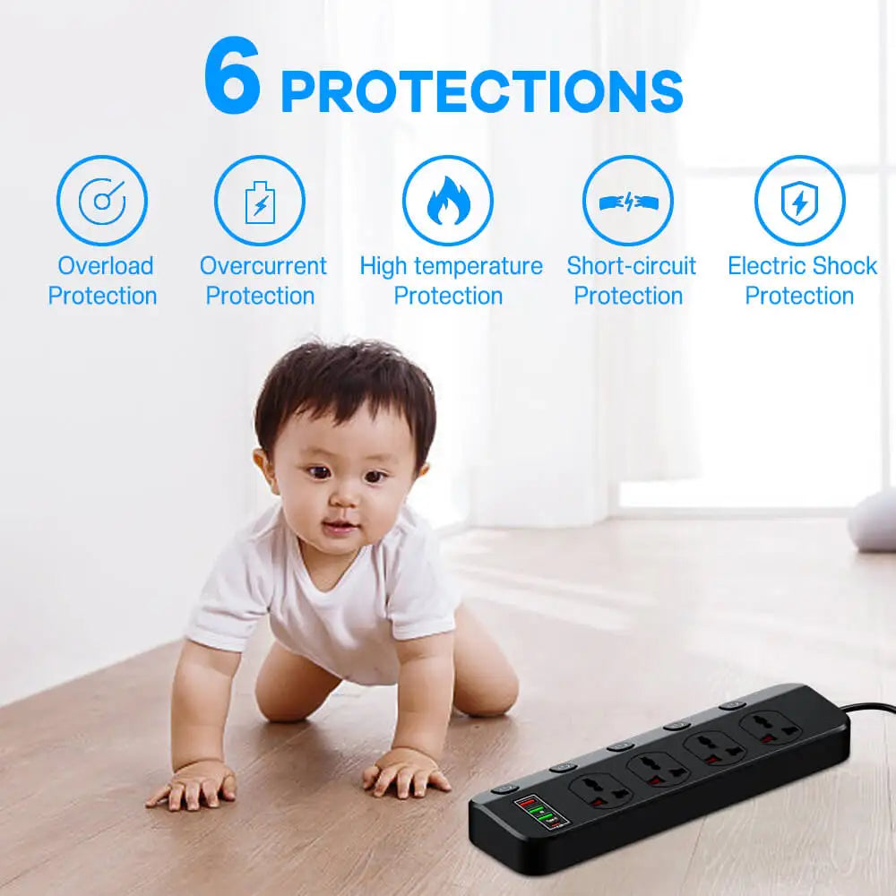 2500W Smart Power Strip USB Wall Socket With Surge Protector 1.97m Extension Cord Type C USB Socket Plug Adapter for Home Office