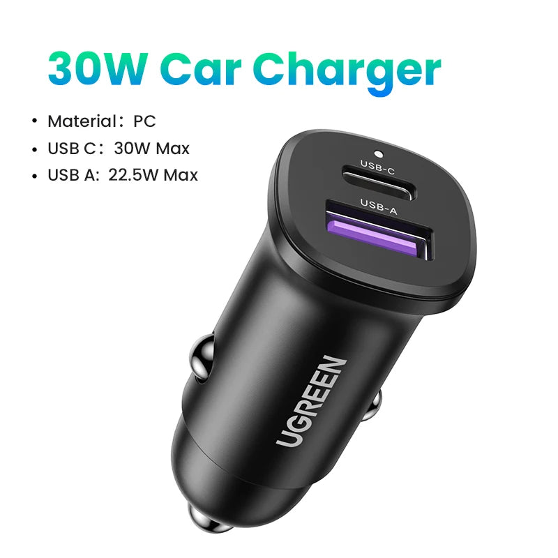 UGREEN Car Charger 30W PD Quick Charge QC4.0 3.0 SCP Type C Fast USB Car Charger For iPhone 14 13 12 Xiaomi Mobile Phone Charger
