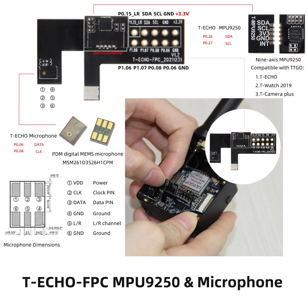LILYGO® T-Echo GPIO MPU9250 Microphone Expansion Module Development Circuit Board Compatible T-ECHO T-Watch 2019 T-Camera Plus