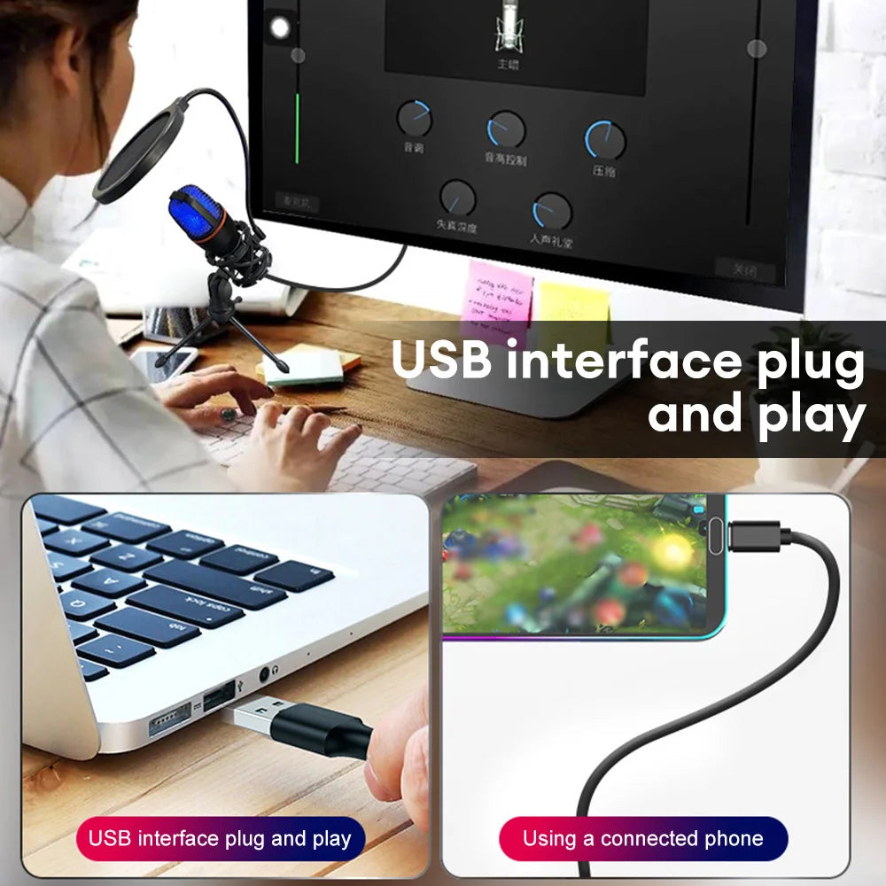 USB Condenser Microphones For PC Computer Laptop Video Singing Gaming Recording Professional USB Anti-Spray Microphone
