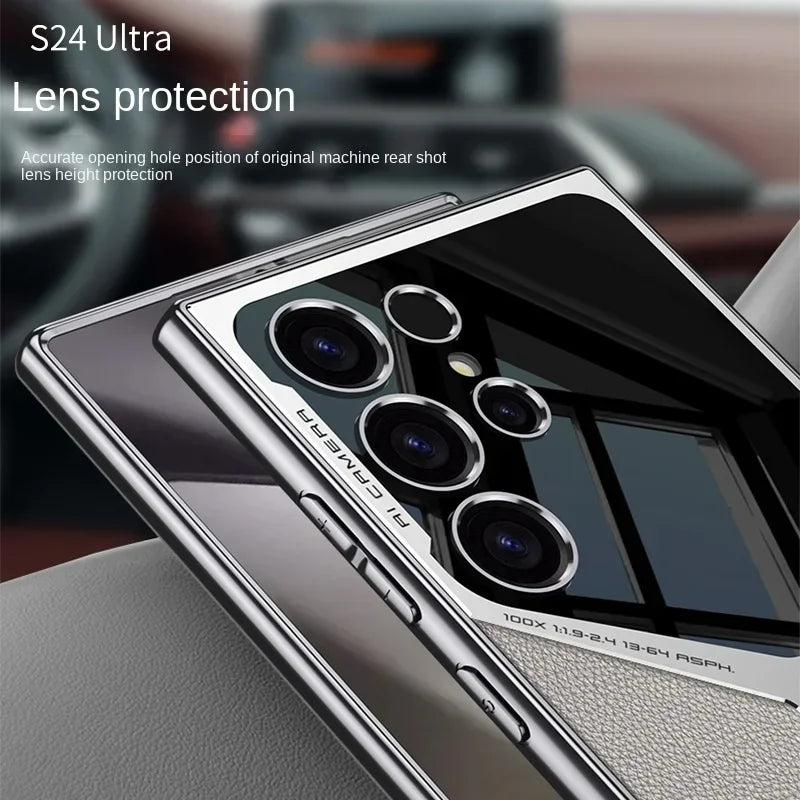 S24 Ultra Electroplated Plain Leather  Phone Case for Samsung Galaxy S24 S23 Ultra 5G PC+TPU Shockproof Protective Cover