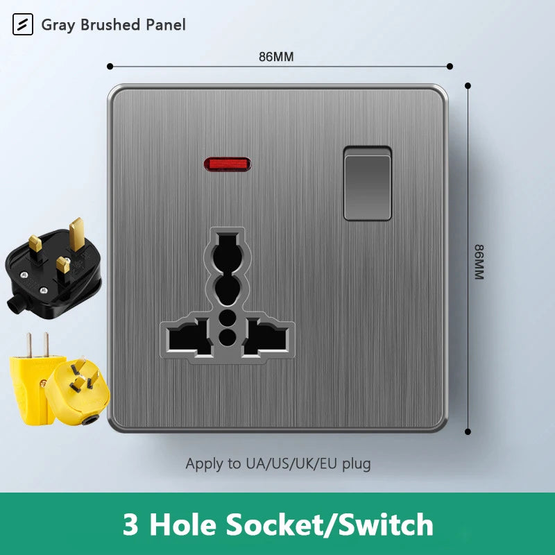 Avoir Push Button Switch Wall Electrical Socket Aluminum Brushed Panel Power Universal Outlet 86 146 Type Gold Silver Gray Panel - Stereotech